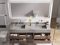 Badkamermeubel 2-persoons - 150 cm - hout decor met grijze marmeren wasbak - incl. kranen - afbeelding 6 van  8