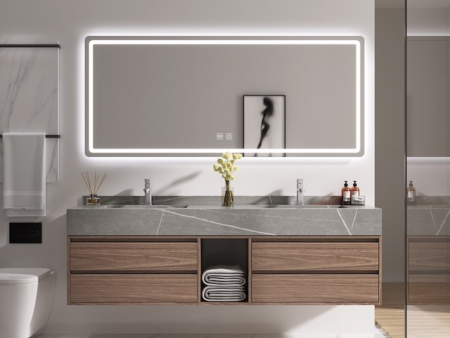 Badkamermeubel 2-persoons - 150 cm - hout decor met grijze marmeren wasbak - incl. kranen - afbeelding 1 van  8