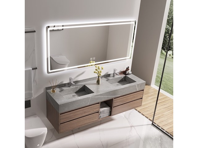Badkamermeubel 2-persoons - 150 cm - hout decor met grijze marmeren wasbak - incl. kranen - afbeelding 2 van  8
