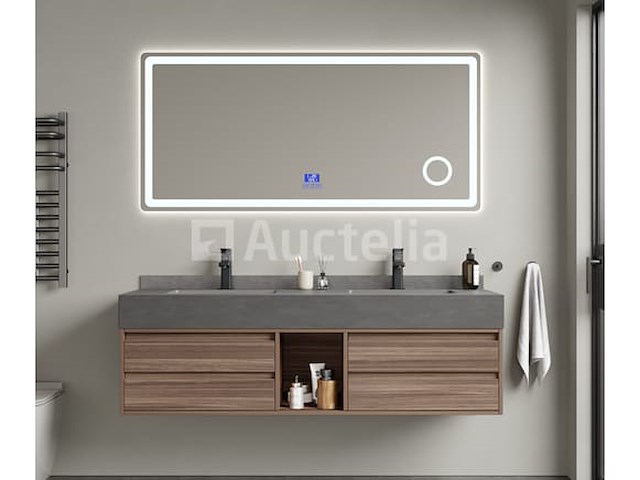Badkamermeubel 2-persoons - 150 cm - hout decor met grijze wasbak - incl. kranen - afbeelding 2 van  4