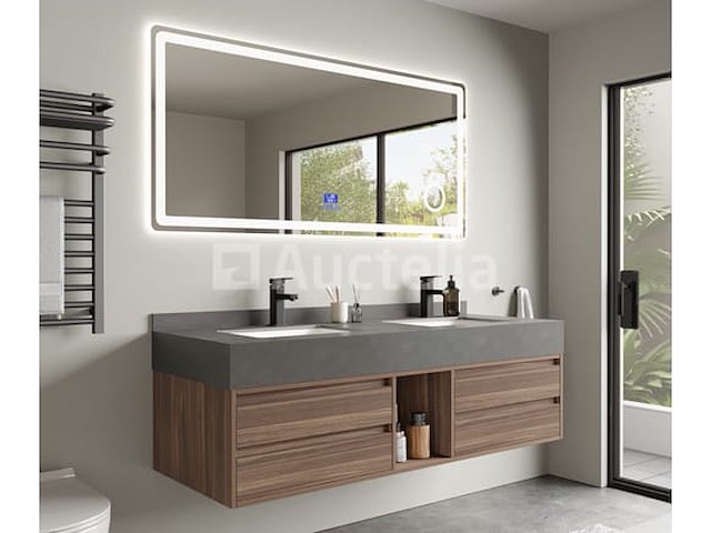 Badkamermeubel 2-persoons - 150 cm - hout decor met grijze wasbak - incl. kranen - afbeelding 4 van  4