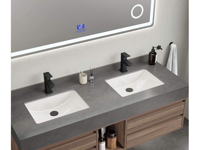 Badkamermeubel 2-persoons - 150 cm - hout decor met grijze wasbak - incl. kranen - afbeelding 3 van  4