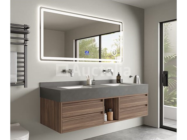 Badkamermeubel 2-persoons - 150 cm - hout decor met grijze wasbak - incl. muurkranen - afbeelding 2 van  4