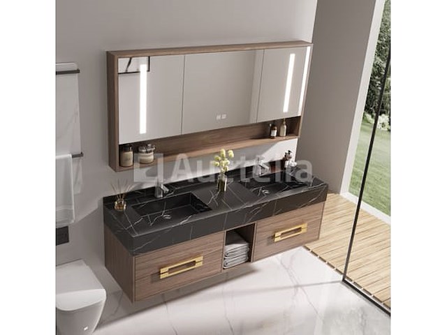 Badkamermeubel 2-persoons - 150 cm - hout decor met zwarte marmeren wasbak - incl. kranen - afbeelding 3 van  10