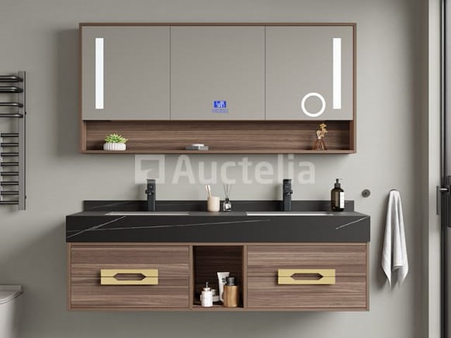 Badkamermeubel 2-persoons - 150 cm - hout decor met zwarte marmeren wasbak - incl. kranen - afbeelding 5 van  10