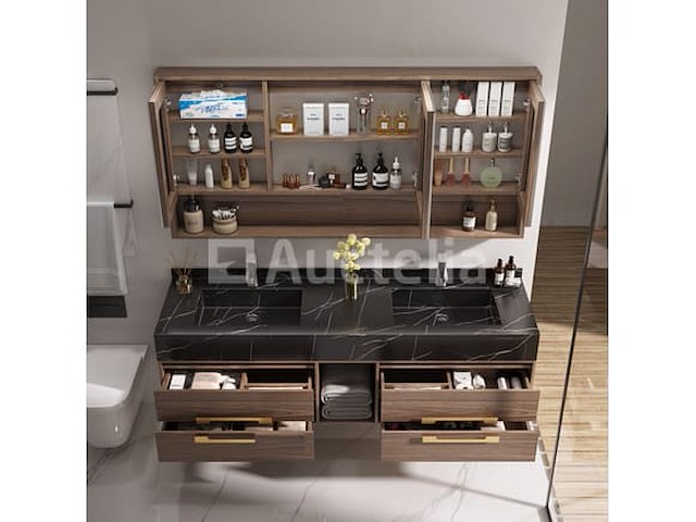 Badkamermeubel 2-persoons - 150 cm - hout decor met zwarte marmeren wasbak - incl. kranen - afbeelding 6 van  10