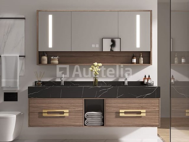 Badkamermeubel 2-persoons - 150 cm - hout decor met zwarte marmeren wasbak - incl. kranen - afbeelding 10 van  10