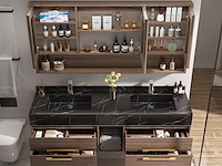 Badkamermeubel 2-persoons - 150 cm - hout decor met zwarte marmeren wasbak - incl. kranen - afbeelding 2 van  4