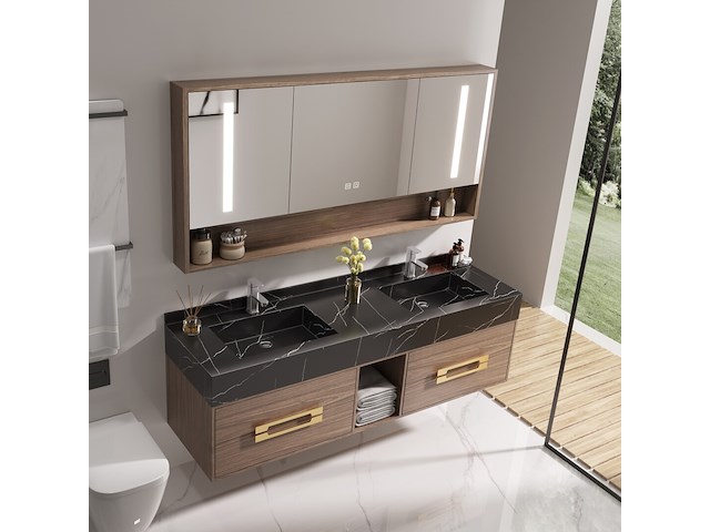 Badkamermeubel 2-persoons - 150 cm - hout decor met zwarte marmeren wasbak - incl. kranen - afbeelding 3 van  10