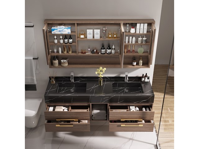 Badkamermeubel 2-persoons - 150 cm - hout decor met zwarte marmeren wasbak - incl. kranen - afbeelding 4 van  10