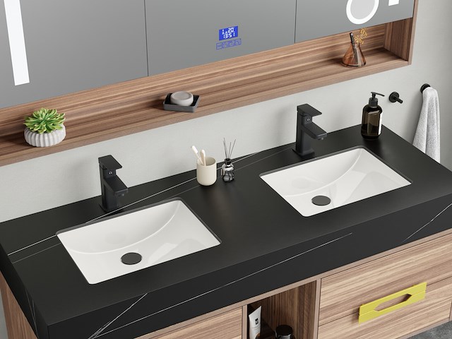 Badkamermeubel 2-persoons - 150 cm - hout decor met zwarte marmeren wasbak - incl. kranen - afbeelding 8 van  10