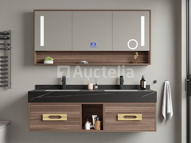 Badkamermeubel 2-persoons - 150 cm - hout decor met zwarte wasbak - incl. kranen - afbeelding 2 van  6