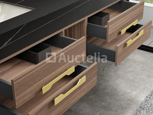 Badkamermeubel 2-persoons - 150 cm - hout decor met zwarte wasbak - incl. kranen - afbeelding 2 van  6