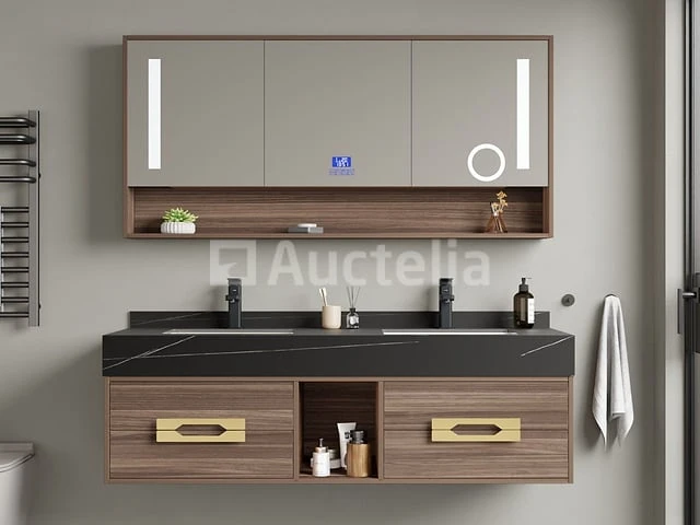 Badkamermeubel 2-persoons - 150 cm - hout decor met zwarte wasbak - incl. kranen - afbeelding 3 van  6