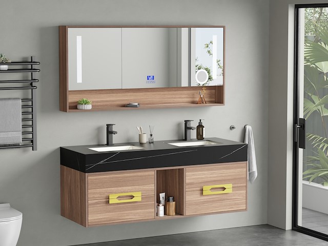 Badkamermeubel 2-persoons - 150 cm - hout decor met zwarte wasbak - incl. kranen - afbeelding 1 van  6