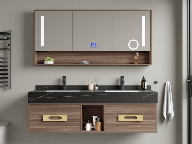 Badkamermeubel 2-persoons - 150 cm - hout decor met zwarte wasbak - incl. kranen - afbeelding 1 van  6