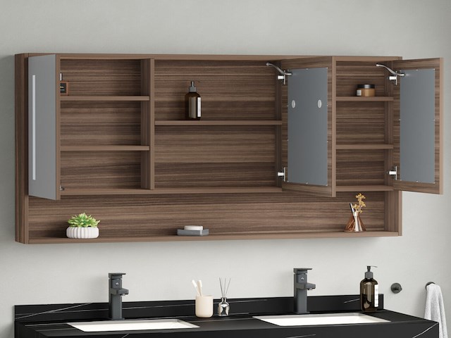 Badkamermeubel 2-persoons - 150 cm - hout decor met zwarte wasbak - incl. kranen - afbeelding 5 van  6