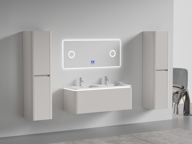 Badkamermeubel 2 persoons 120 cm - taupe - 2 zijkasten, 1 led spiegel - afbeelding 1 van  5