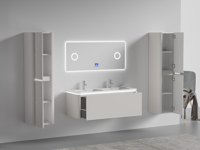 Badkamermeubel 2 persoons 120 cm - taupe - 2 zijkasten, 1 led spiegel - afbeelding 2 van  5