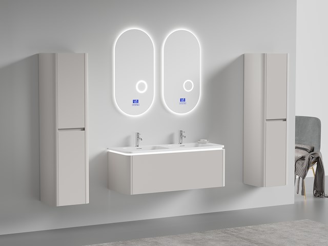 Badkamermeubel 2 persoons 120 cm - taupe - 2 zijkasten, 2 ovale spiegels - afbeelding 1 van  5