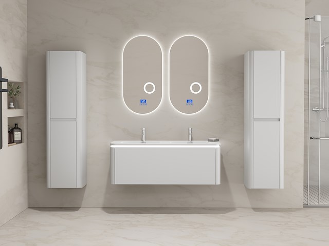 Badkamermeubel 2 persoons 120 cm - wit - 2 zijkasten, 2 ovale spiegels - afbeelding 1 van  5