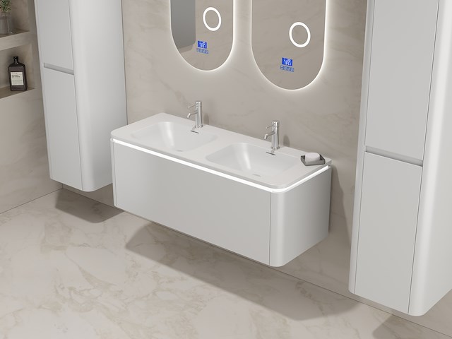 Badkamermeubel 2 persoons 120 cm - wit - 2 zijkasten, 2 ovale spiegels - afbeelding 2 van  5