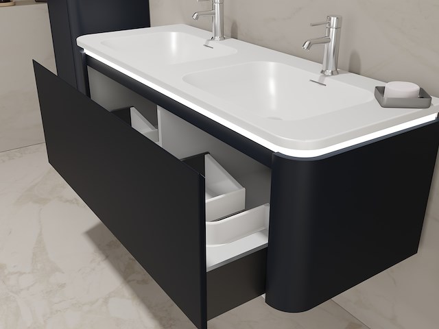 Badkamermeubel 2 persoons 120 cm - zwart - 2 zijkasten, 2 ovale spiegels - afbeelding 3 van  5