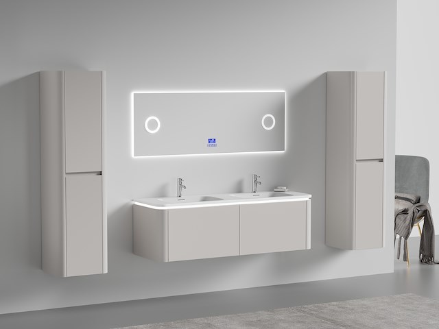 Badkamermeubel 2 persoons 140 cm - taupe - 2 zijkasten, 1 led spiegel - afbeelding 1 van  5