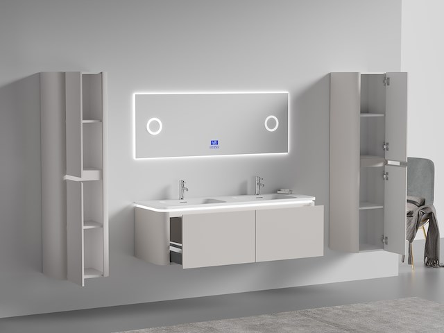 Badkamermeubel 2 persoons 140 cm - taupe - 2 zijkasten, 1 led spiegel - afbeelding 2 van  5