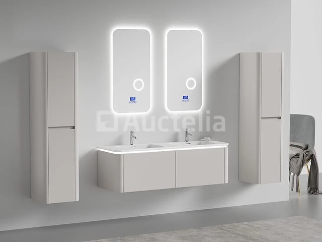 Badkamermeubel 2 persoons 140 cm - taupe - 2 zijkasten, 2 ovale spiegels - afbeelding 1 van  5