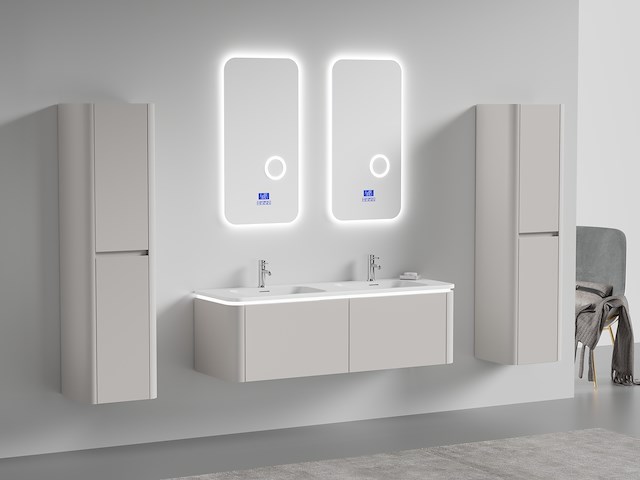 Badkamermeubel 2 persoons 140 cm - taupe - 2 zijkasten, 2 ovale spiegels - afbeelding 1 van  5