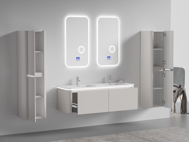 Badkamermeubel 2 persoons 140 cm - taupe - 2 zijkasten, 2 ovale spiegels - afbeelding 2 van  5