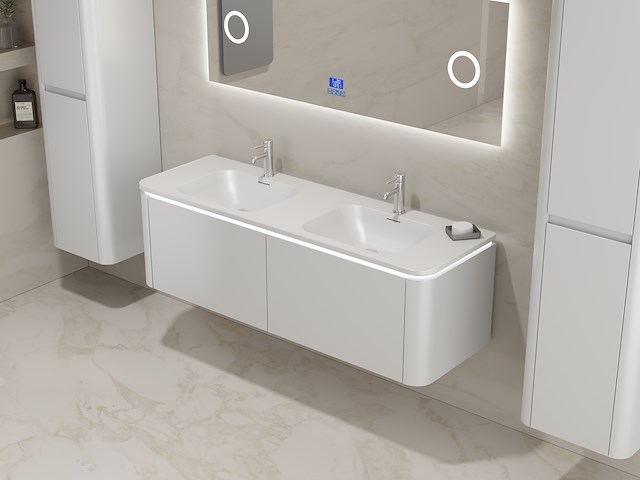 Badkamermeubel 2 persoons 140 cm - wit - 2 zijkasten, 1 led spiegel - afbeelding 2 van  5
