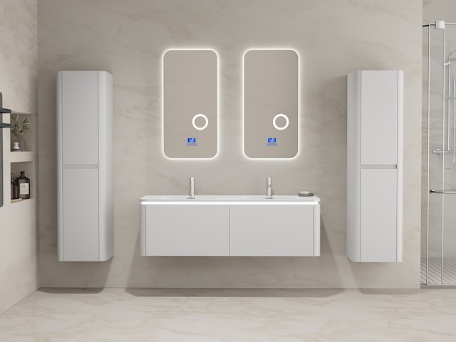 Badkamermeubel 2 persoons 140 cm - wit - 2 zijkasten, 2 ovale spiegels - afbeelding 1 van  5