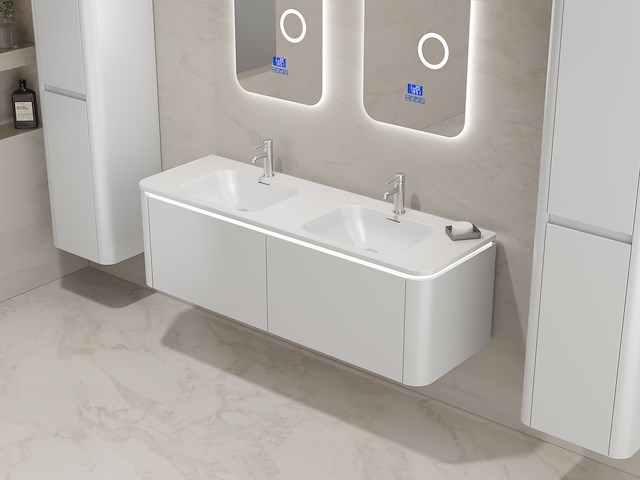 Badkamermeubel 2 persoons 140 cm - wit - 2 zijkasten, 2 ovale spiegels - afbeelding 2 van  5