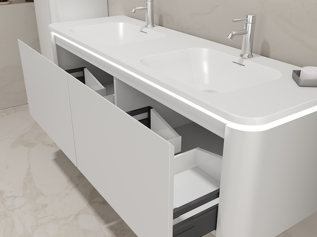 Badkamermeubel 2 persoons 140 cm - wit - 2 zijkasten, 2 ovale spiegels - afbeelding 3 van  5