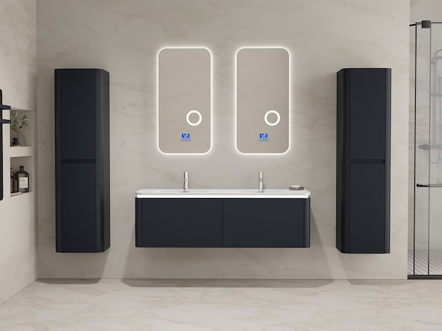 Badkamermeubel 2 persoons 140 cm - zwart - 2 zijkasten, 2 ovale spiegels - afbeelding 1 van  5