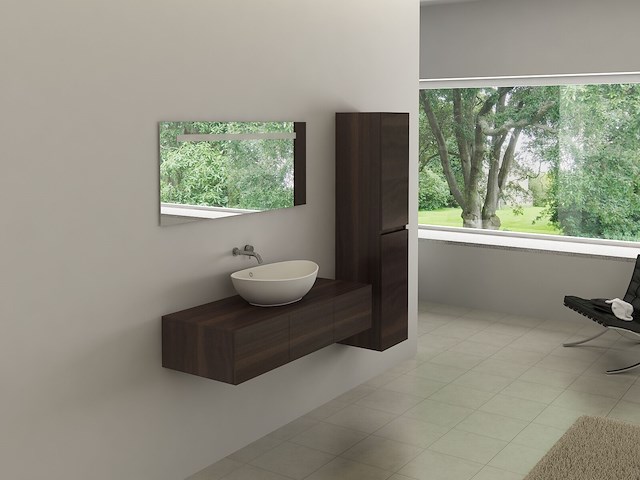 Badkamermeubel baveno | 120 cm | met zijkast | donker hout decor met witte waskom | incl. kranen - afbeelding 1 van  5