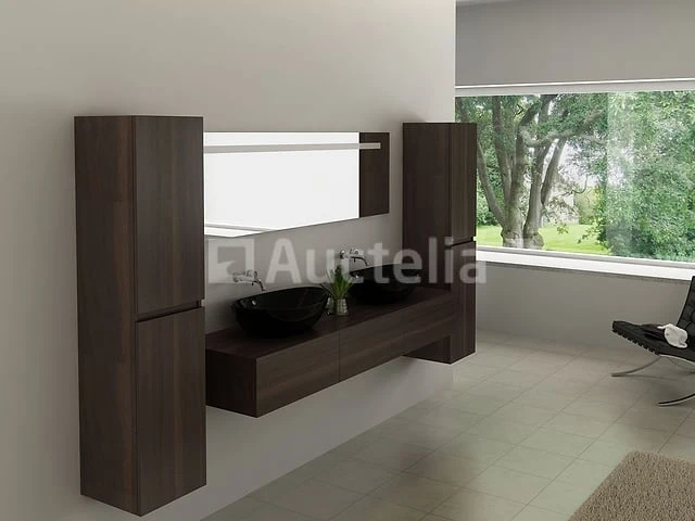 Badkamermeubel baveno | 180 cm | met zijkasten | donker hout decor met 2 zwarte waskommen | incl. kranen - afbeelding 3 van  10