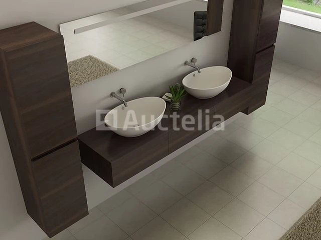 Badkamermeubel baveno | 180 cm | met zijkasten | donker hout decor met 2 zwarte waskommen | incl. kranen - afbeelding 6 van  10