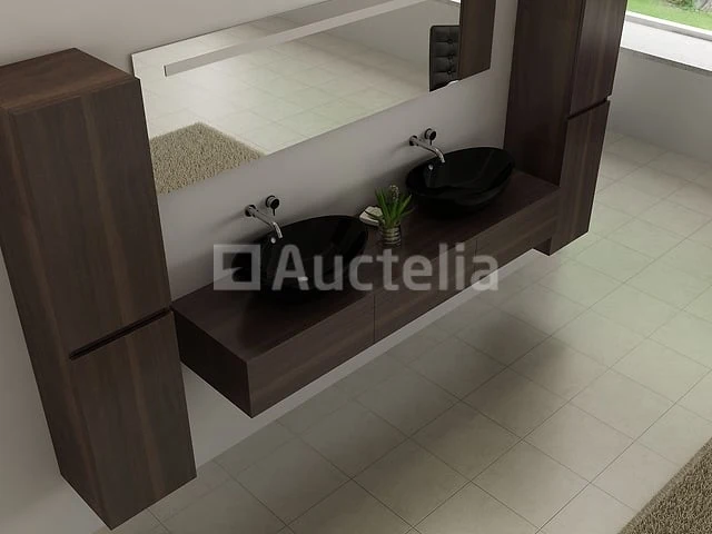 Badkamermeubel baveno | 180 cm | met zijkasten | donker hout decor met 2 zwarte waskommen | incl. kranen - afbeelding 7 van  10