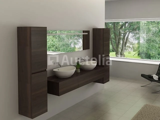 Badkamermeubel baveno | 180 cm | met zijkasten | donker hout decor met 2 zwarte waskommen | incl. kranen - afbeelding 9 van  10