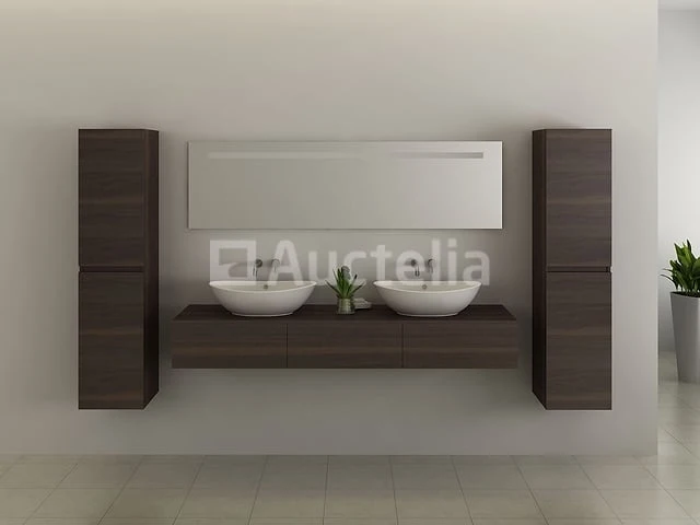 Badkamermeubel baveno | 180 cm | met zijkasten | donker hout decor met 2 zwarte waskommen | incl. kranen - afbeelding 10 van  10