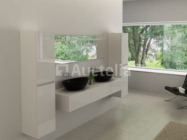 Badkamermeubel baveno | 180 cm | met zijkasten | hoogglans wit met 2 zwarte waskommen | incl. kranen - afbeelding 1 van  4