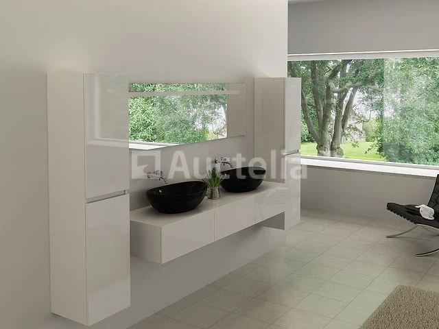 Badkamermeubel baveno | 180 cm | met zijkasten | hoogglans wit met 2 zwarte waskommen | incl. kranen - afbeelding 2 van  4