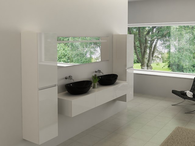Badkamermeubel baveno | 180 cm | met zijkasten | hoogglans wit met 2 zwarte waskommen | incl. kranen - afbeelding 1 van  4