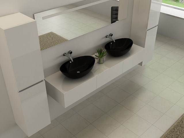 Badkamermeubel baveno | 180 cm | met zijkasten | hoogglans wit met 2 zwarte waskommen | incl. kranen - afbeelding 2 van  4