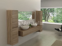 Badkamermeubel baveno | 180 cm | met zijkasten | licht hout decor met 2 witte waskommen | incl. kranen