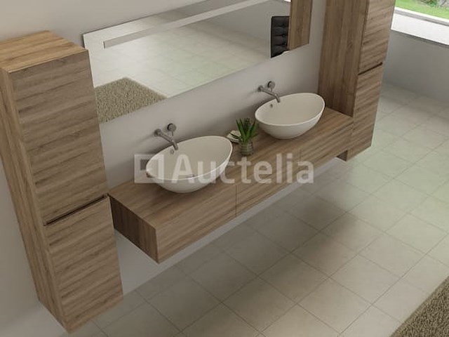 Badkamermeubel baveno | 180 cm | met zijkasten | licht hout decor met 2 witte waskommen | incl. kranen - afbeelding 3 van  5
