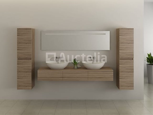 Badkamermeubel baveno | 180 cm | met zijkasten | licht hout decor met 2 witte waskommen | incl. kranen - afbeelding 4 van  5